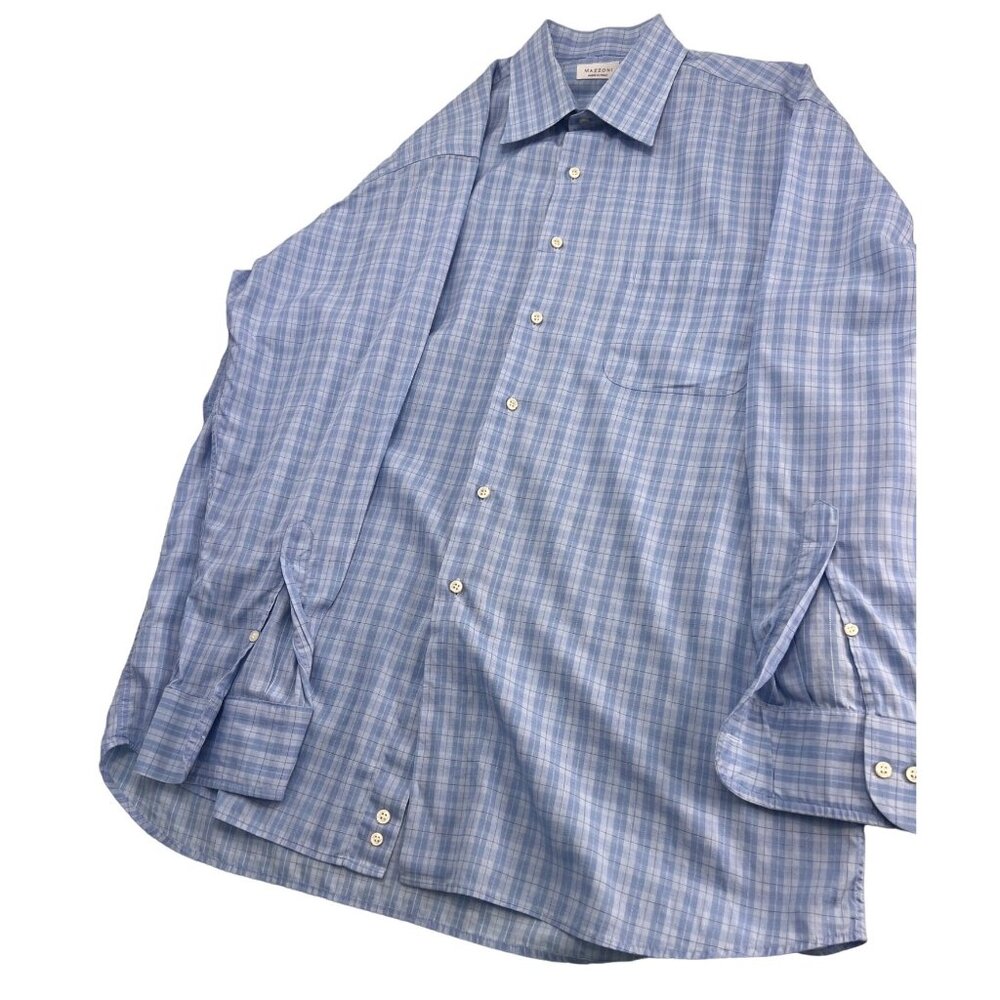 Mazzoni Dress Shirt Mens 17 34-35 XL Button Up Made In Italy Blue Plaid